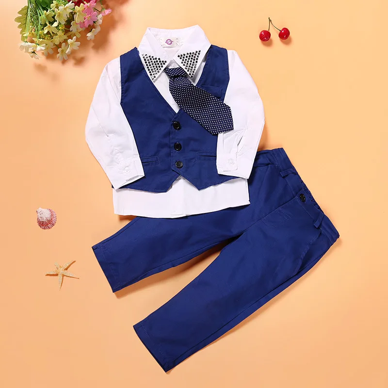 4Piece Spring Kids Clothes Boys Boutique Clothing Fashion Gentleman Vest Long Sleeve Baby Tops+Pants+Tie Children's Sets BC1301