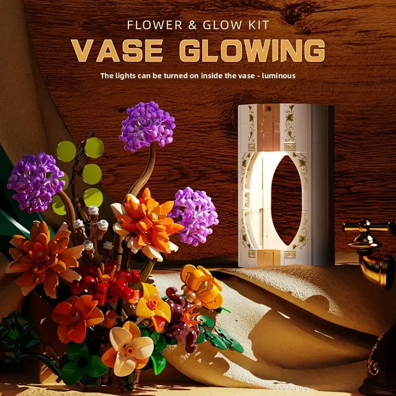 890 قطعة باقة الربيع اللبنات باقة ديزي زهرة نموذج الطوب مع ضوء سطح المكتب الديكور الاطفال لتقوم بها بنفسك اللعب هدية عيد