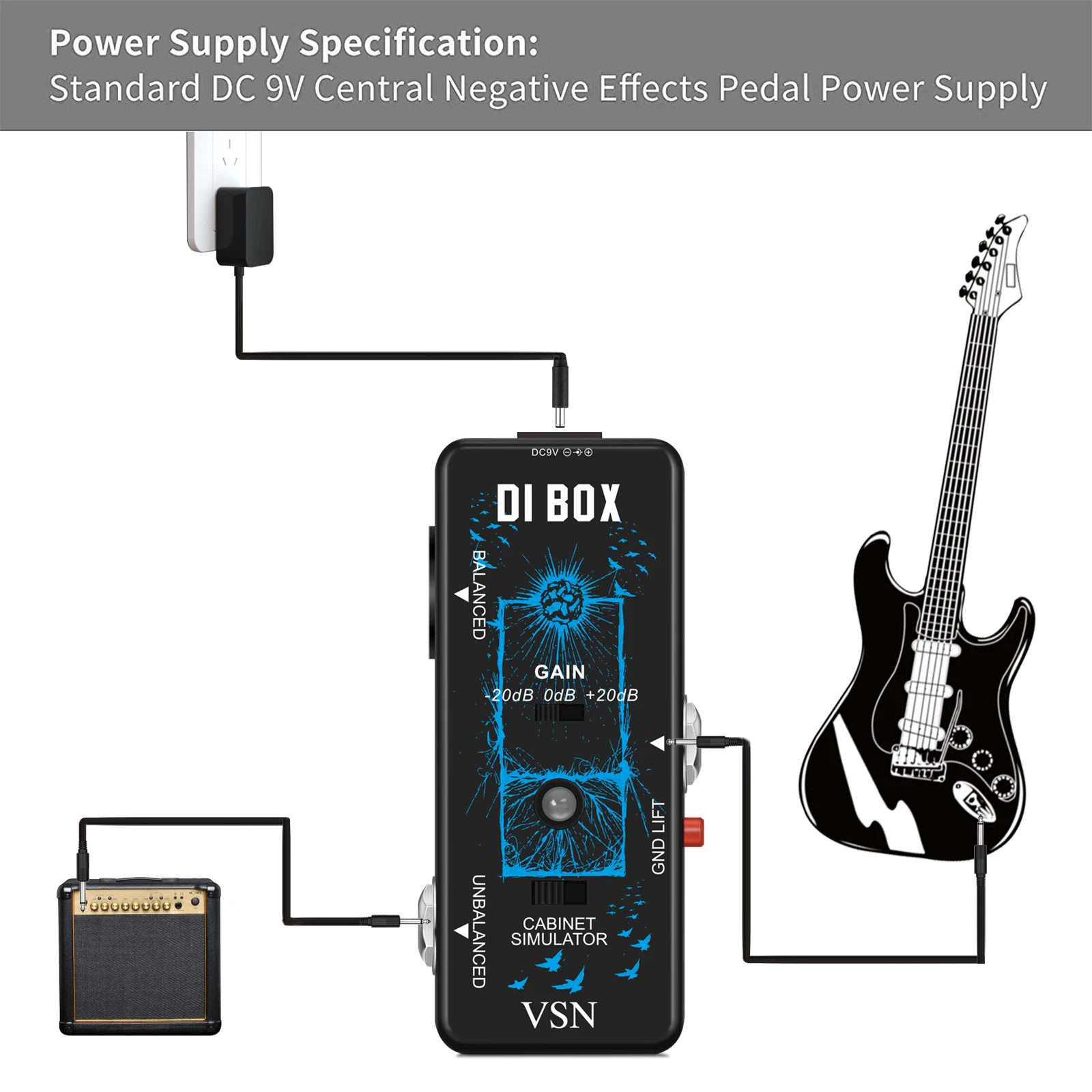 VSN Di Box Guitar Pedal Direct Box Guitar  Passive DI Box With Cabinet Simulator 1/4 and XLR Full Metal Mini Size True Bypass