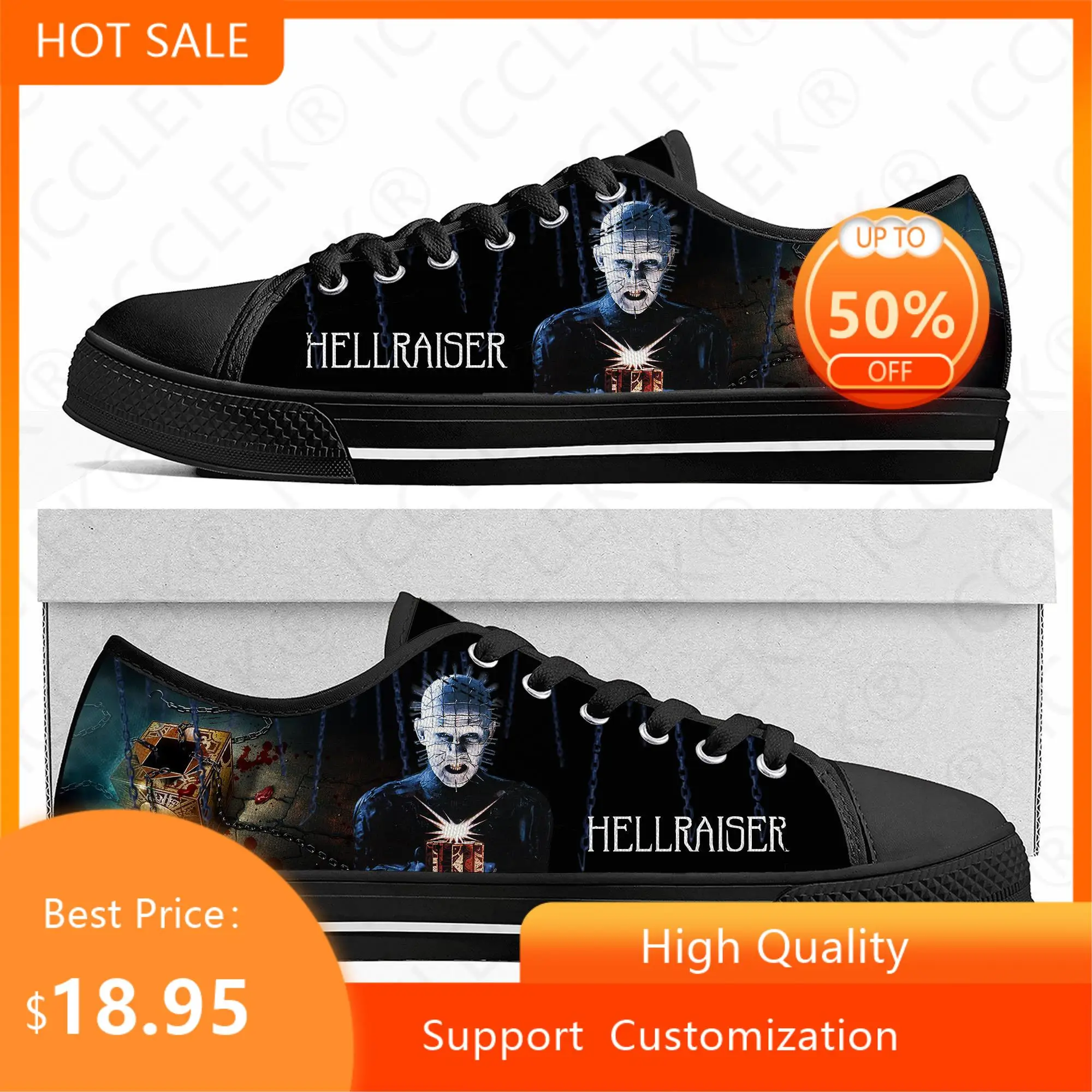 Hellraiser Movie Pinhead Horror Halloween Low Top Sneakers Mens Womens Teenager Canvas Sneaker Quality Couple Shoes Custom Shoe