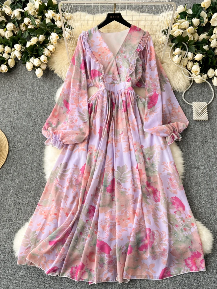 Women Temperament Maxi Dresses Vintage V-neck Print Pleated Tunic Party Dress Autumn Bohemian Fashion 2024 Vestidos De Mujer WJ