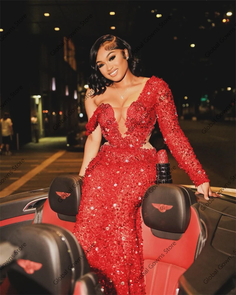 Red One Shoulder Luxury Deal Long Prom Dress For Black Girls 2024 Bead Rhinestone Birthday Party Dresses Evening Gown Customized