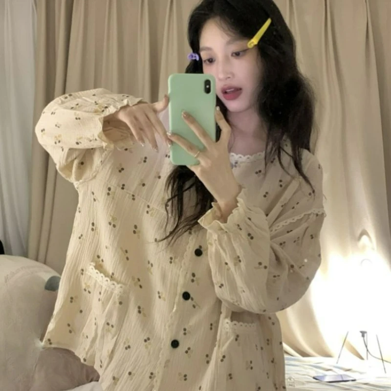 Pajamas Women Spring Autumn Korean Version Ins Sweet Lace Long Sleeves Trousers Internet Celebrity Loose Student Loungewear Suit