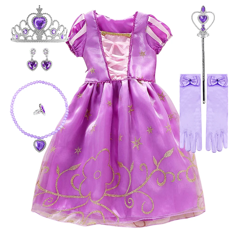 Little Girls Rapunzel Belle Aurora and Cinderella Christmas Princess Cosplay Dress with Accessories Suitable Banquet Ball Gown