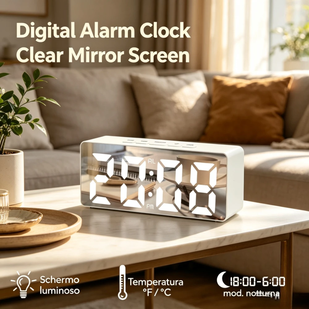 Orologio da Tavolo con Schermo a Specchio Bianco e Grande Display a Numeri LED ° C/ ° Sveglia F con Modalità Notturna e Funzione di Cambio Orario