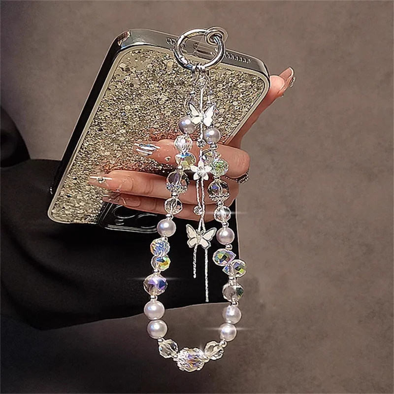 Luxury Sparkle Butterfly Rhinestone Bead Phone Bracelet Strap Charm Chain Knot Cellphone Lanyard Keychain Bag Camera Keychain Pe