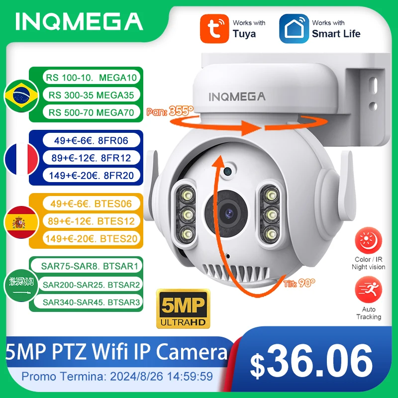 INQMEGA 5MP PTZ Wifi IP Camera  Outdoor AI Human Tracking Smart Detection Wireless Camera Full Color Night Vision Two way Audio