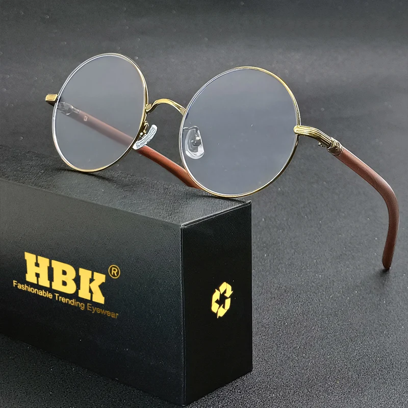 HBK Retro Anti Blue Light Women Glasses Round Frame Wood Grain Metal Frame Men with Flat Light Frame High-Quality Eyeglasses