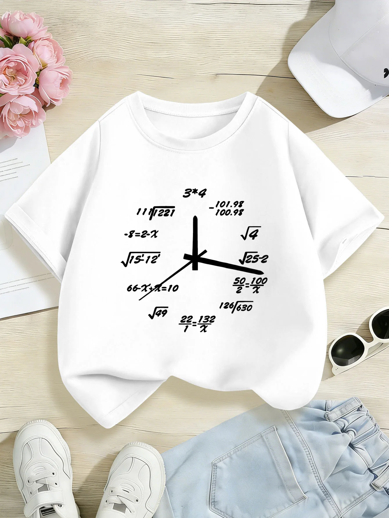 Cute Math Equation Clock Funny Graphic Print Kids Tee Boys Girls Family Matching Cotton Crew Neck Short Sleeve Soft Summer Tee
