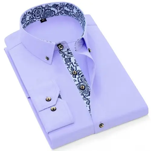 Imagen 2 del producto Camisas de manga larga de algodón de alta gama para hombres - Camisa informal de negocios estilo cuello de porcelana azul y blanco retro Blanco Negro Azul
