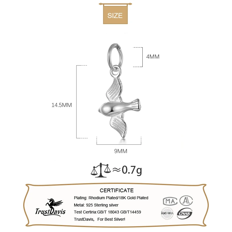 TrustDavis Real 925 Sterling Thai Silver Fashion Animal Swallow Charm Pendant Handmade DIY Accessories Wholesale Jewelry HY430