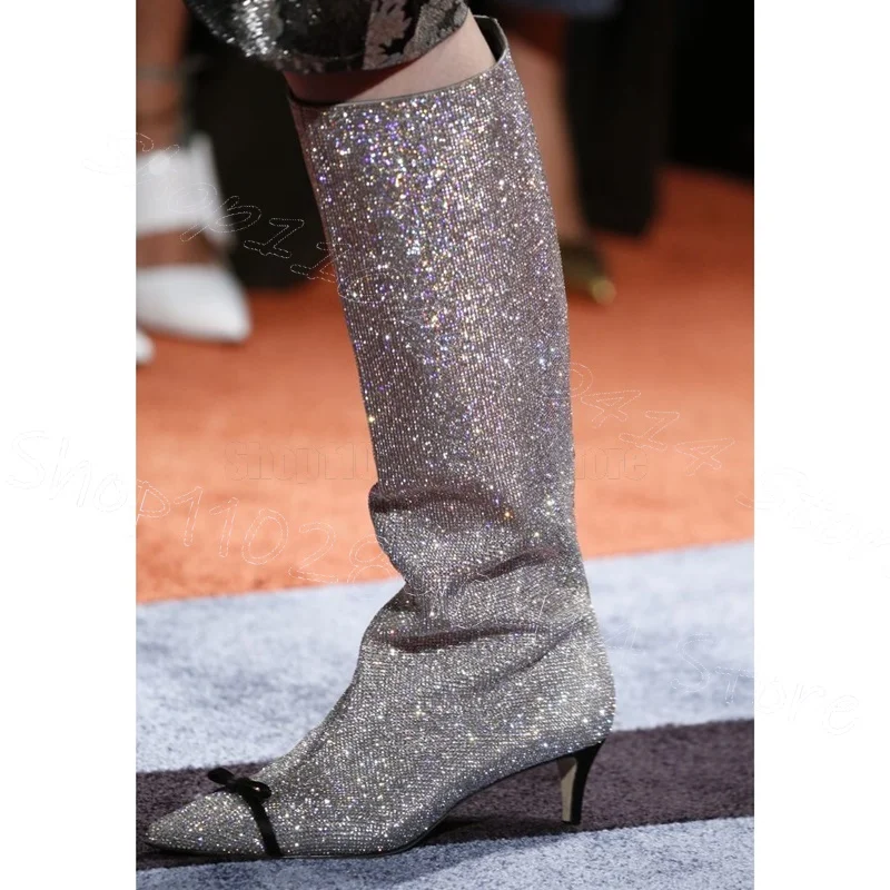 

Silver Rhinestone Bow Knot Pointed Toe Boots Side Zipper Women Shoes Thin High Heels Party Feast Dating 2025 Zapatos Para Mujere
