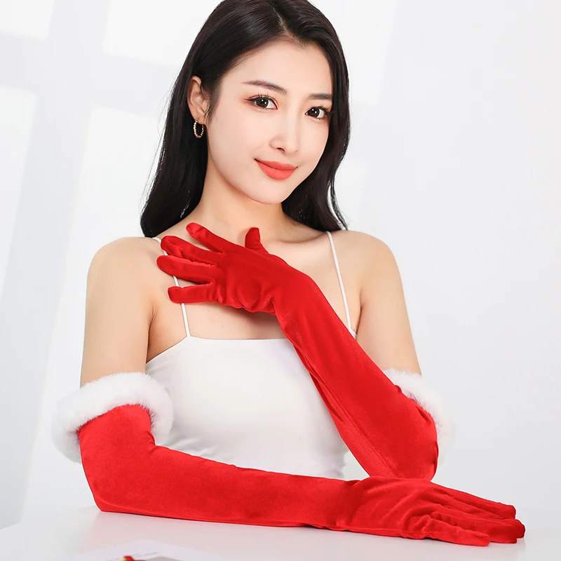 55CM Opera Performance White Plush Long Red Gold Velvet Gloves Christmas Makeup Party Elastic Wedding Dress Photo Accessories