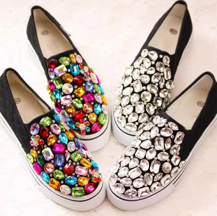 

Bling Multi-Color Diamond Rhinestone Toe Flats Shoes Colorful Crystal Thick Sole Slip On Loafers Women Causal Shoes