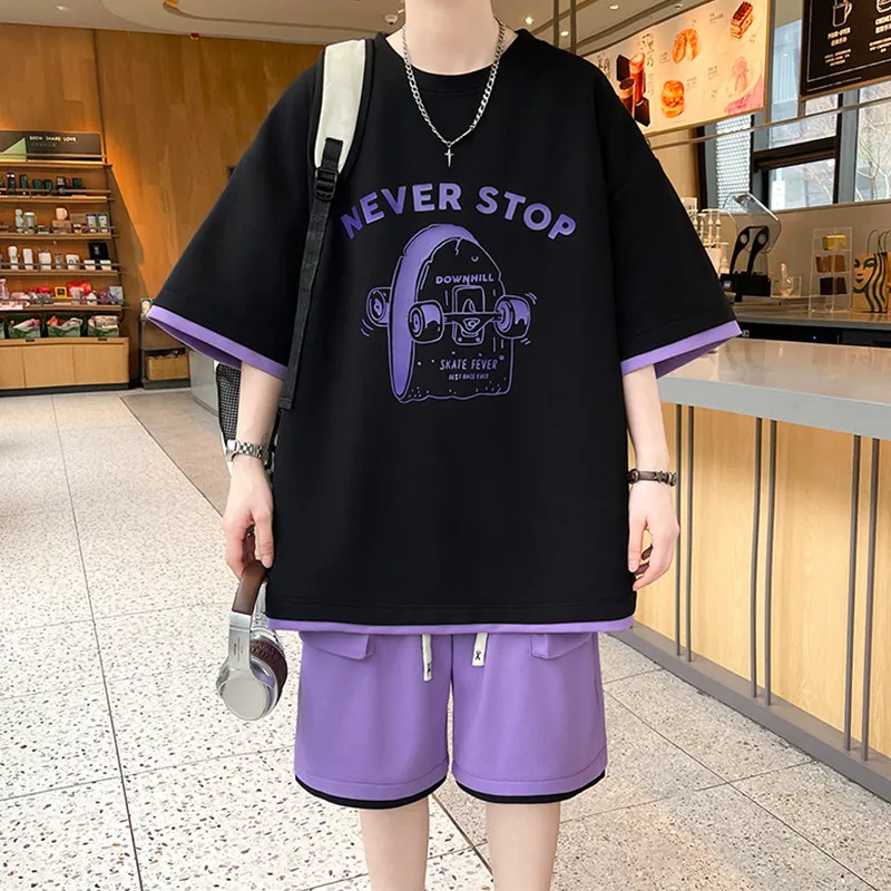 Summer New Men's Round Neck White Green Headphone Skateboard Letter Print Short Sleeve T-Shirt Loose Casual Black Shorts Set