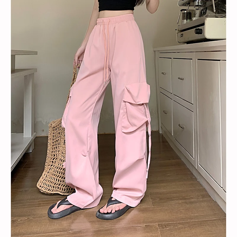 2025 Ins Fashion Lady High Waist Trousers Girls Streetwear Loose Fit Cargo Pants Women Korean Solid Color Wide Leg Pants