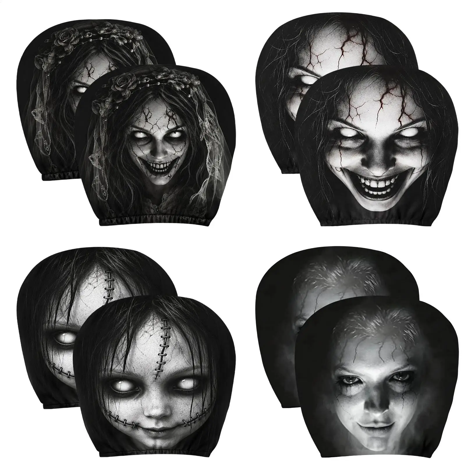 2Pcs Spooky Halloween Car Headrest Covers Elastic Breathable Polyester Ghost Face Seat Protector For SUV Truck Interior Decor