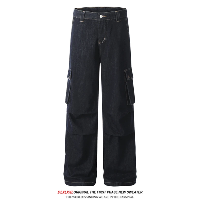 

Deep Blue American Sle Straight Leg Wide Leg Multi ket Couple's Jeans GXFortune Loose Fit High Waist Long Pants