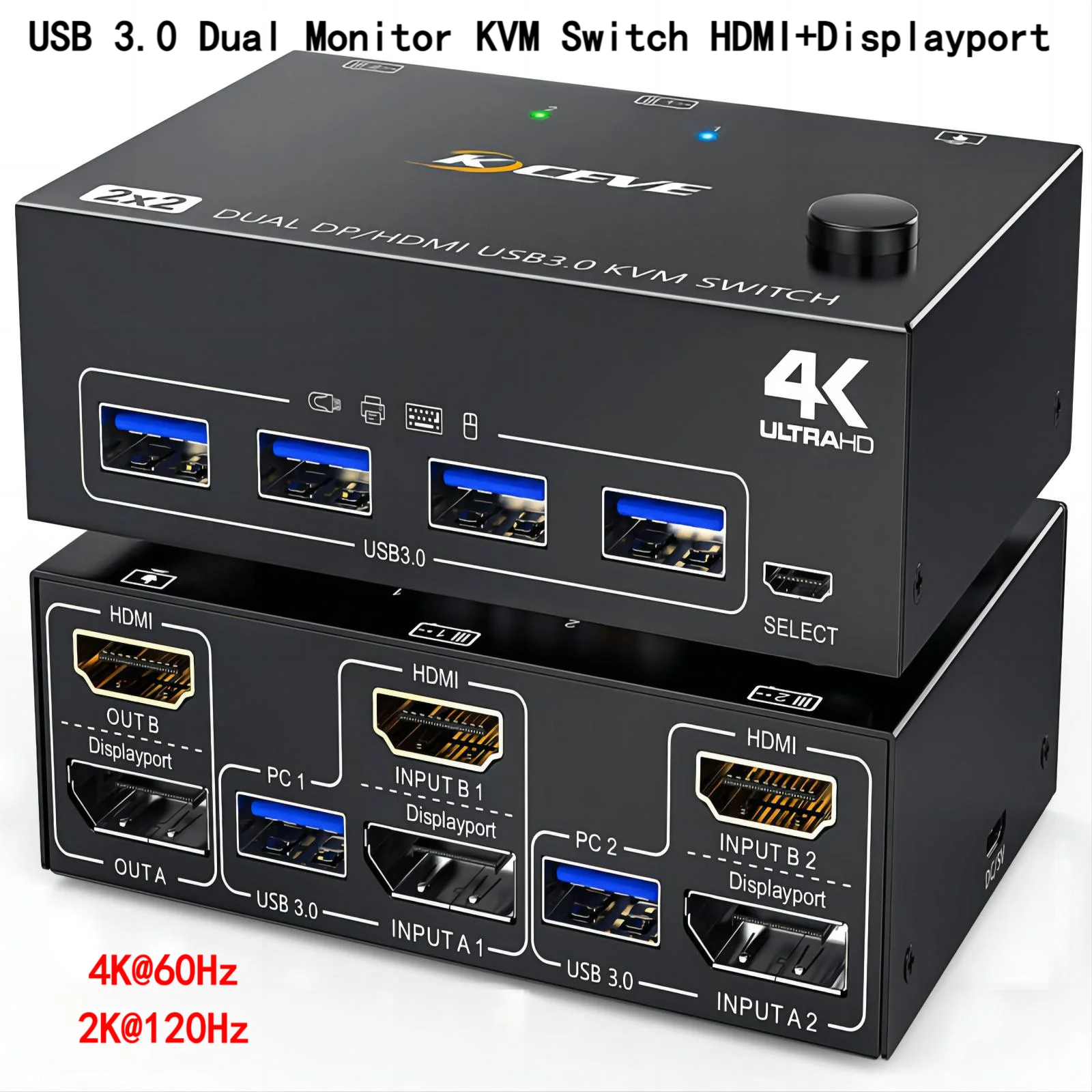 

KVM-переключатель с двумя мониторами USB 3,0, HDMI + Displayport 4K,2 монитора, 2 компьютера, KVM-переключатель для 2 ПК, Share 2 дисплей, 4 USB 3,0 устройства