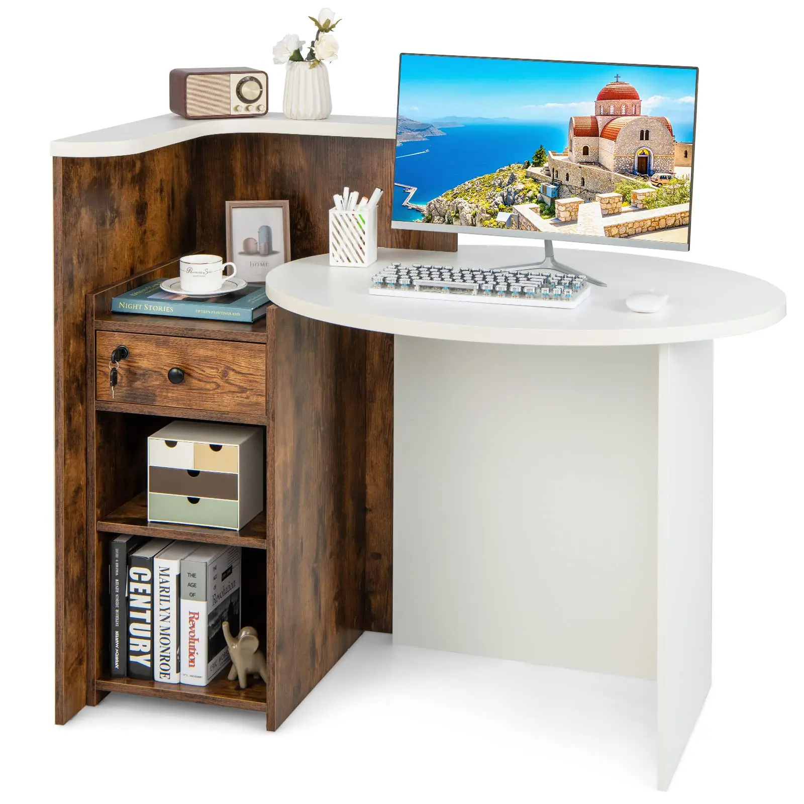 Reception Desk, Front Counter Desk with Lockable Drawer & Adjustable Shelf, Oval Desktop, Retail Counter for Checkout