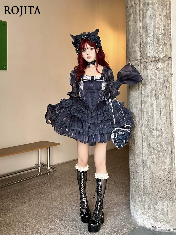 Vintage Lace Cake Dress Girl Navy Blue Dress Set Includes Crossbody Bag and Arm Sleeves + Neck Decoration + Headband