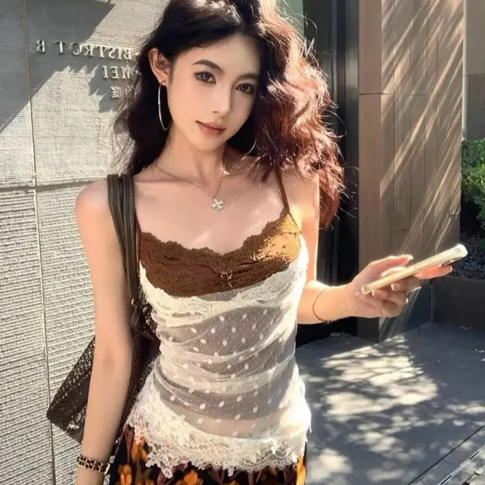 

Retro Polka Dot Lace Halter Vest Women's Summer New Style Sleeveless Outerwear Spicy Girl Inner Match Top Lace Trim Tank Top
