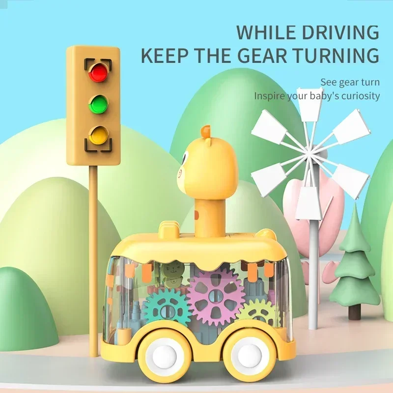 Children Pressing Transparent Gears Car Boys and Girls Aged 1-3 Years Old, Inertia Cartoon Animal Pressing Car with Lights
