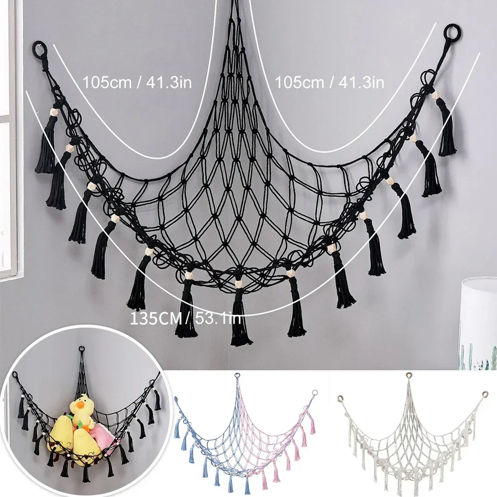 

Black Bohemian Plush Animal Net Nursery Space Saving Mesh Storage Handwoven Toy Hammock Mesh Accessories Lelujen Säilytys 접이식 그물