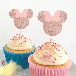 24 PCS Mouse Inspired Cupcake Toppers with Pink Bow Rose Gold Glitter Cupcake Picks Decor for Baby Shower Birthday Party Supplie