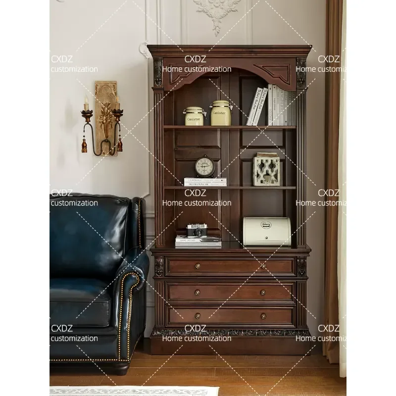 Pure Solid Wood Bookcase Large Villa Wine Cabinet Carved Decorative Storage Combination Living Room Side Cabinet Study