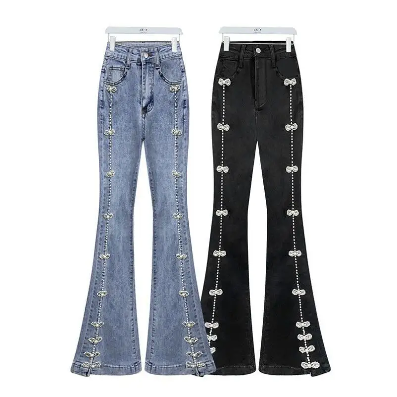 

Heavy Industry Beads Black Jeans Women Bell-bottomed Pants 2023 New Retro Fashion Design Denim Flared Pants Tide Trousers p911