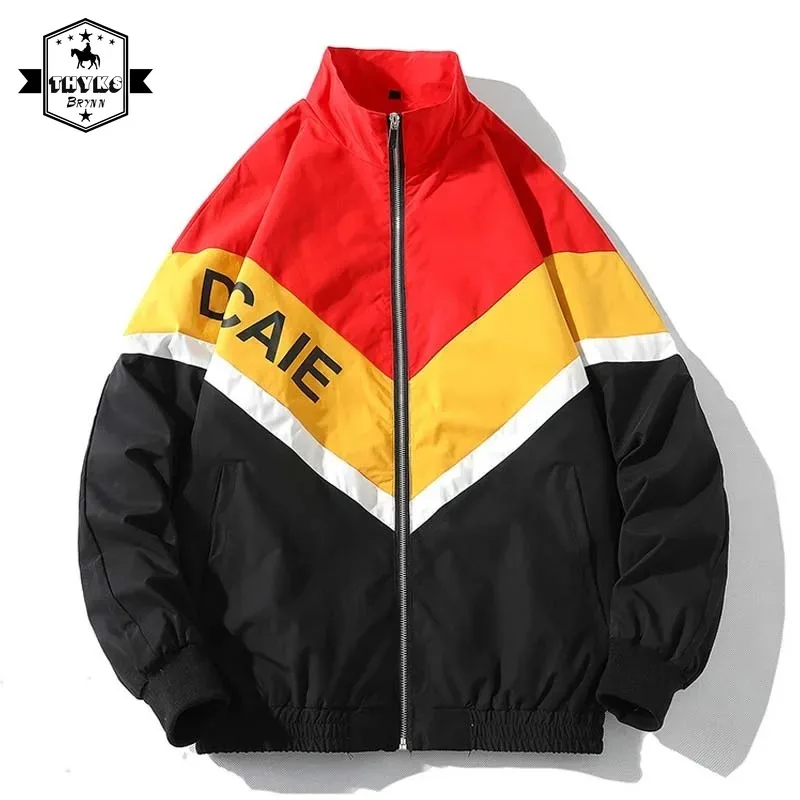 Retro Hip Hop Men Jacket Windbreaker Casual Streetwear Color Block Patchwork Letter Print Coat Autumn Harajuku Zip Track Jacket