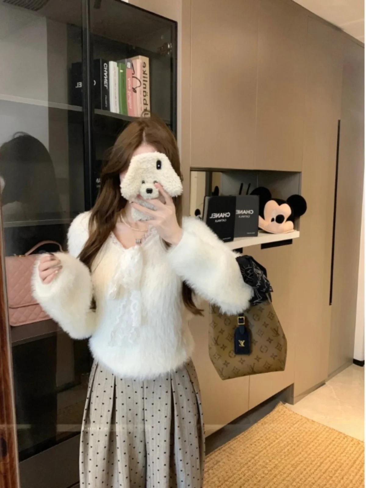 

Женский мягкий кружевной свитер Long Sve ort Cozy Sle с v-образным вырезом из искусственной норки, лето 2025, новый свободный топ для поездок на работу