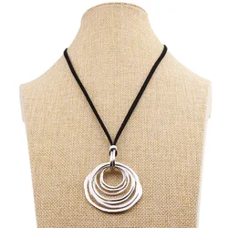 1 x Tibetan Silver Large Personalised 7 Circles Round Pendant Necklace on Long Black Suede Cord Lagenlook 32‘’ for Jewelry Women