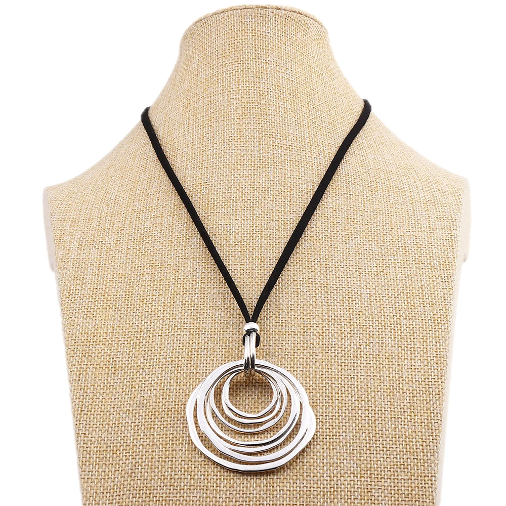1 x Tibetan Silver Large Personalised 7 Circles Round Pendant Necklace on Long Black Suede Cord Lagenlook 32‘’ for Jewelry Women