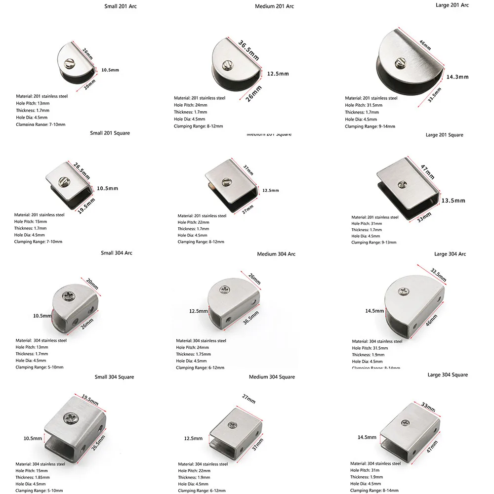 Szklane zaciski 201/304 klipsy ze stali nierdzewnej regulowany kwadratowy półokrągły kształt półki uchwyt podporowy uchwyt narożny
