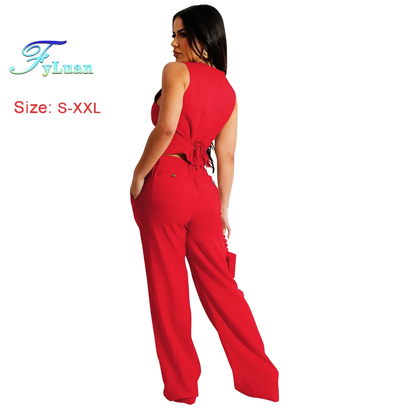 Set da due pezzi da donna alla moda Abito in tinta unita con scollo a V Gilet senza maniche Slim Fit Pantaloni lunghi a gamba larga solidi Set eleganti a vita alta