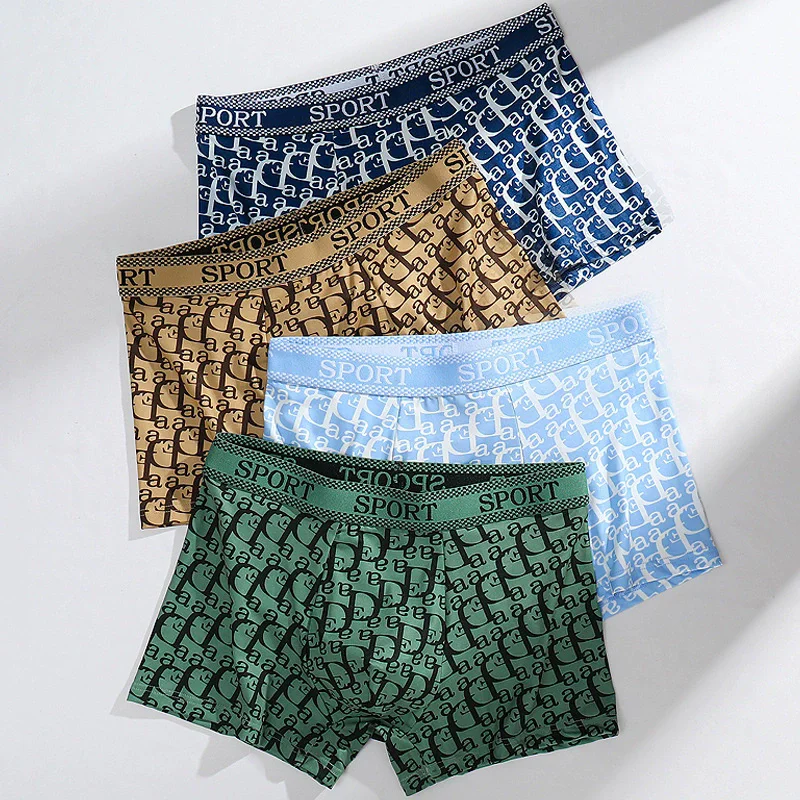 4-Piece Set Of Men's Personalized Letter Printed Comfortable Boxer Shorts, Daily Casual Underwear, Men's Trendy Sports Underwear