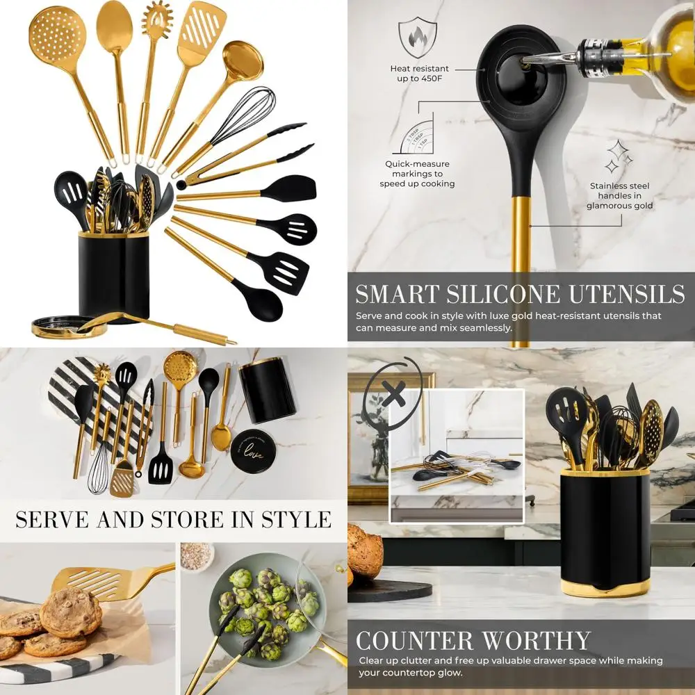 

Элегантный набор кухонной утвари черного и золотого цвета из 13 предметов с керамическим держателем и штабелируемой подставкой для ложки