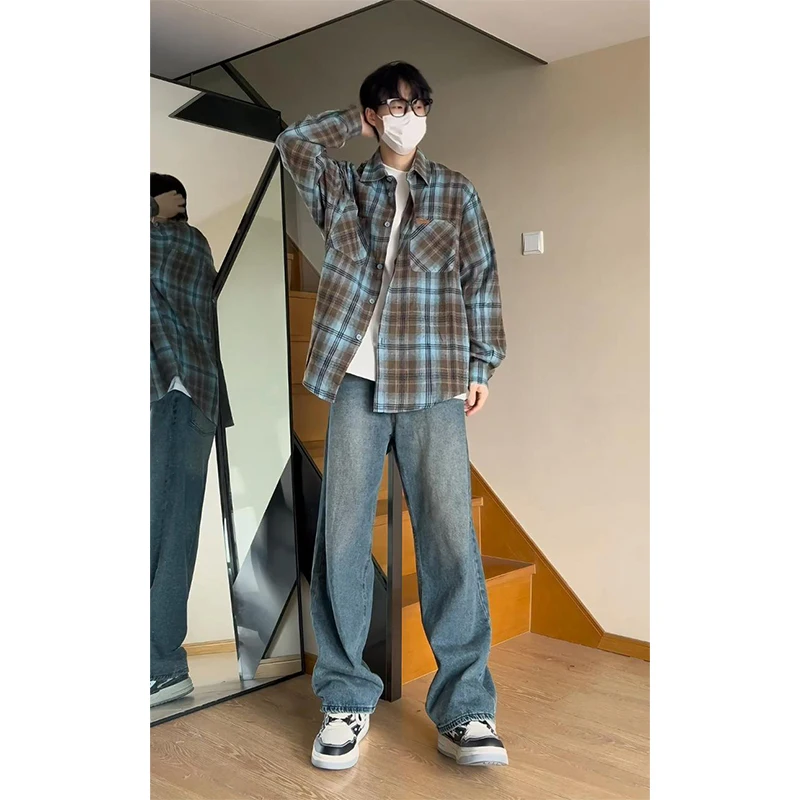 

Plaid Long Sleeve Men's Sun Protection Shirt American Retro Couple Outfit Early Autumn Coat Loose Fit Youth Trend