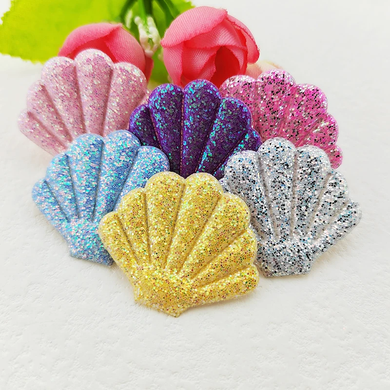 60Pcs 3.5*3CM Shiny Glitter Shell Padded  Appliques For Clothes Hat Sewing Supplies DIY Headwear Hair Clip Bow Decor Patches