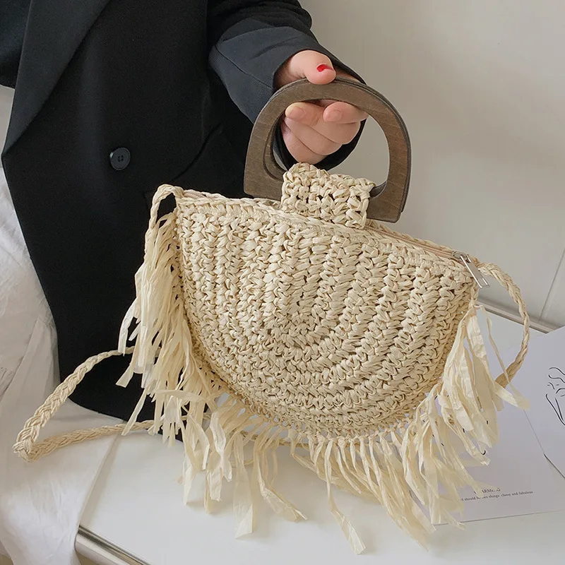 Fashion Straw Woven Shoulder Messenger Bags Women\'s Saddle Designer Luxury Crossbody Bag Summer Beach Female Tassel Handbag