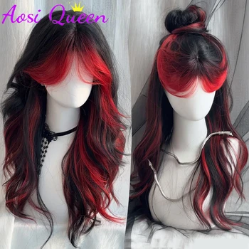 Aosiqueen Lange Body Wave Ombre Zwart Rood Cosplay Pruiken Hittebestendige Synthetische Pruiken Middendeel Natuurlijke Lolita Pruiken Voor Vrouwen