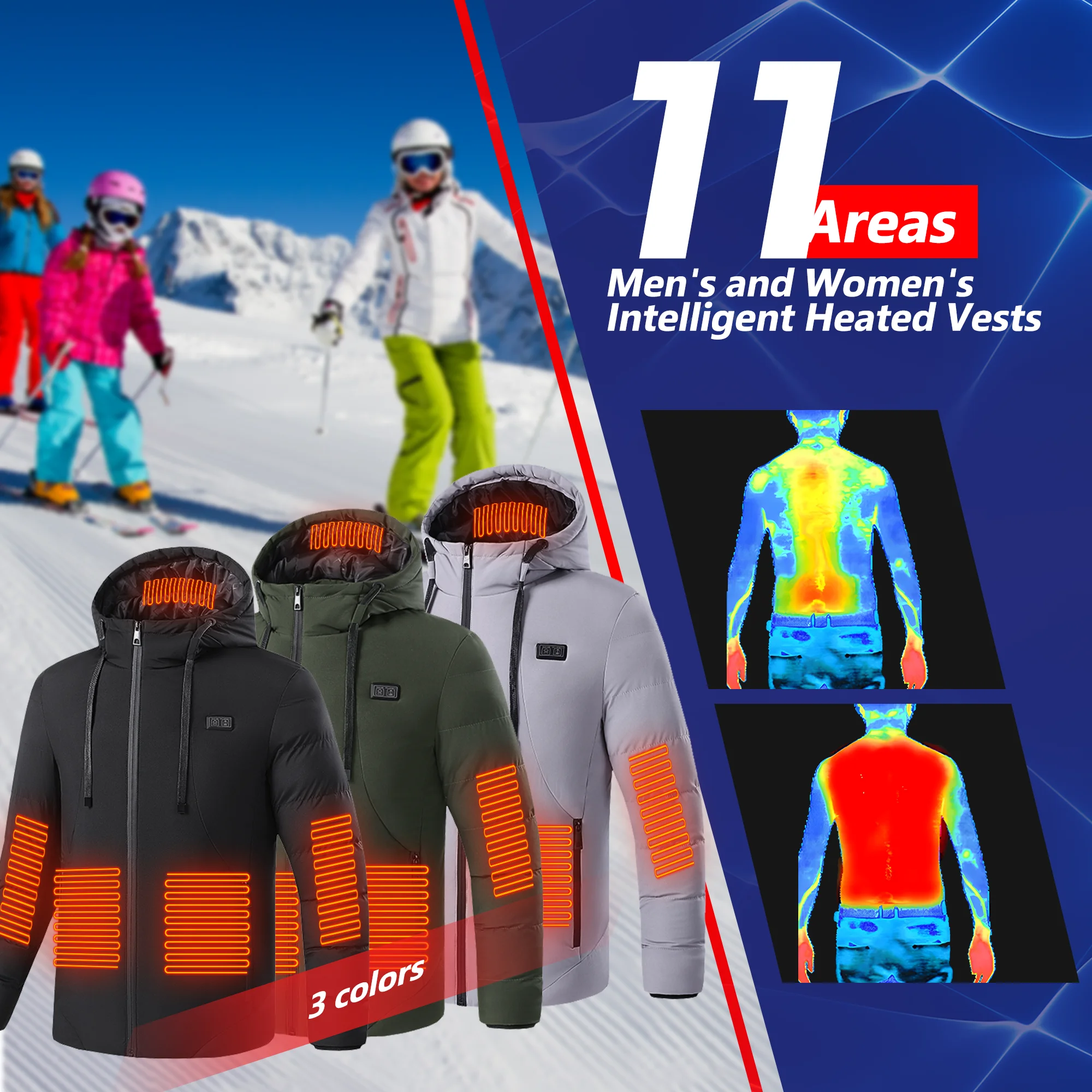 Heated Jacket 11 Areas Men Women Winter Ski Coat Hooded USB Electrical 11 Zone Heated Clothing Waterproof Warm Thermal Jackets