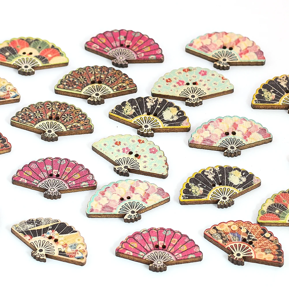 50PC Colourful Folding Fan Shape Buttons Wooden Fan Two Holes Flat Back Buttons Sewing Craft Scrapbooking Clothes Decoration