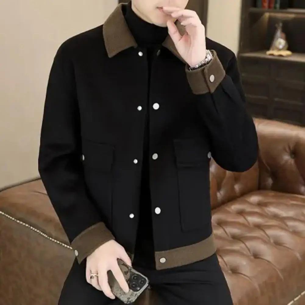 Woolen Coat with Pockets Lapel Single-breasted Jacket Men's Color-blocked Woolen Coat with Lapel Pockets for Autumn