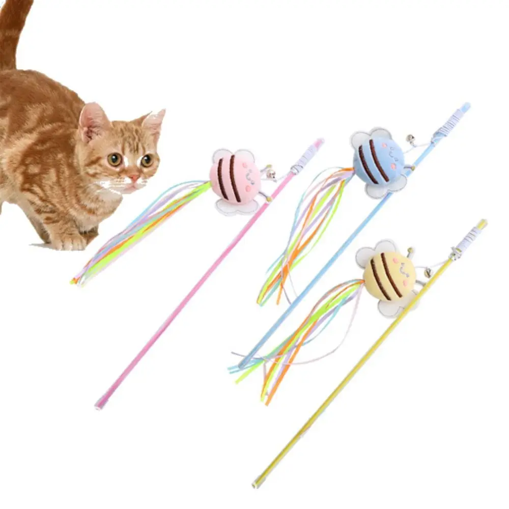 

Bite Resistant Little Bee Fishing Rod Colorful with Bell Kitten Teasing Stick Plush Bee Cat Wand Interactive Toy Self Happy