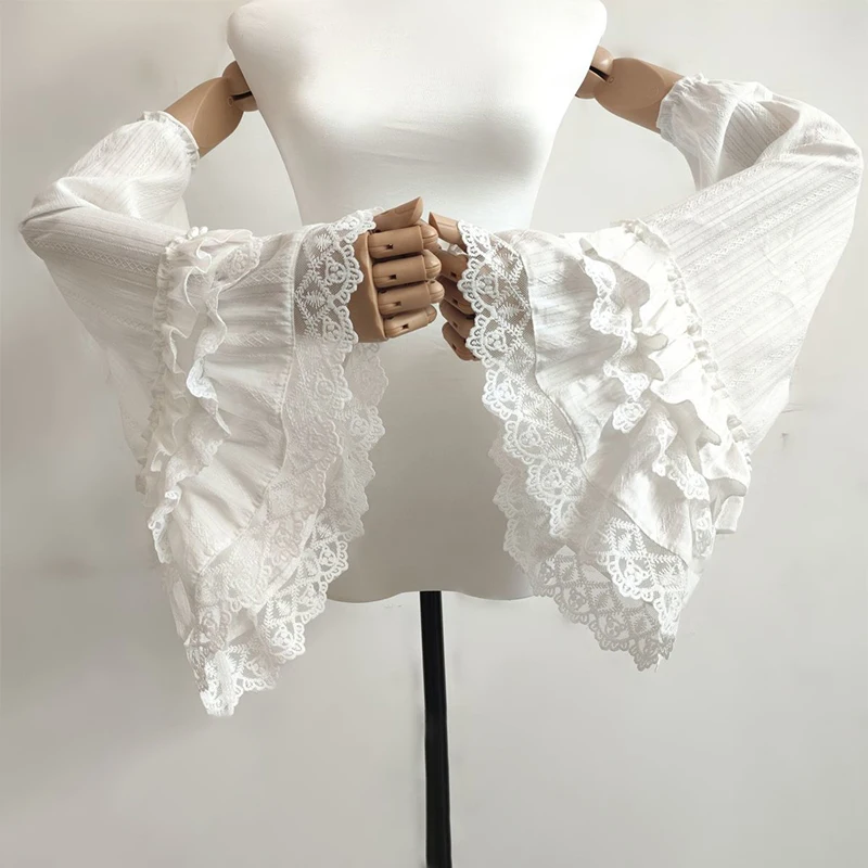 Lolita Bell Flare Sleeve Lace Ruffle Detachable Arm Sleeves Women False Sleee Cuffs Wedding Victorian Lady Costume Accessory