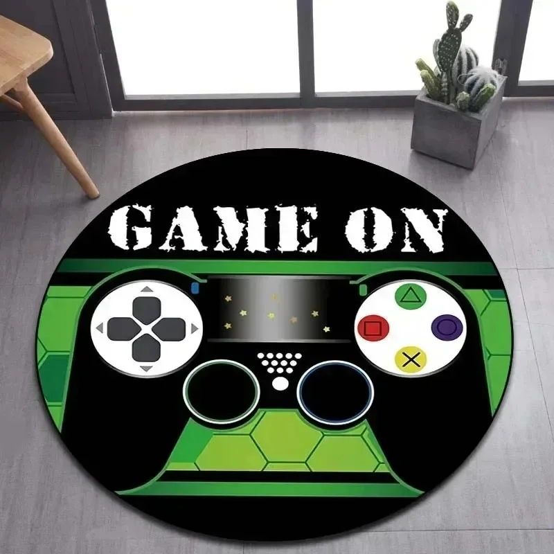 Gaming Round Area Rug with Controller Patterns Neon Elements and Text Designs Floor Mat for Game Room Home Decor