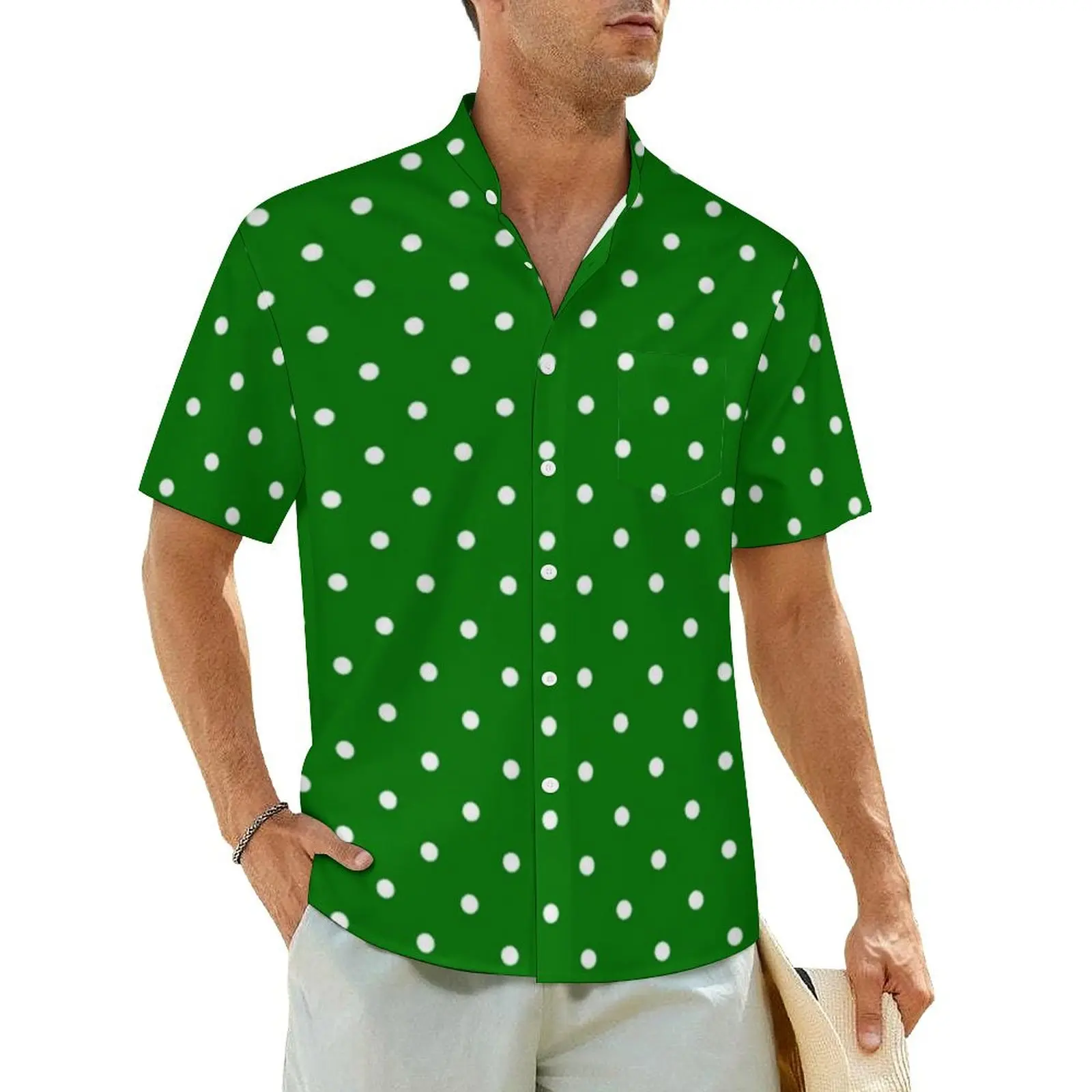 

Christmas Green Vacation Shirt White Polka Dots Print Summer Casual Shirts Men Classic Blouses Short Sleeve Streetwear Clothes